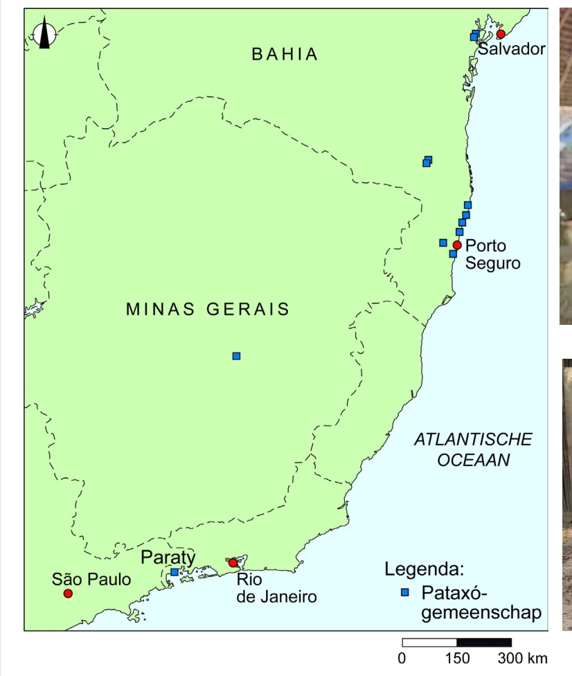 Kaartje van het oosten van Brazilië met de Pataxó-gemeenschappen als blauwe vierkantjes langs de kust.