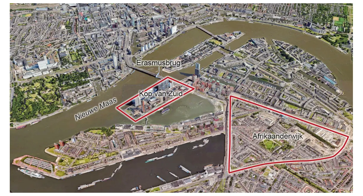 Luchtfoto van de zuidoever van de Nieuwe Maas in Rotterdam met de Kop van Zuid en de Afrikaanderwijk omlijnd in rood.
