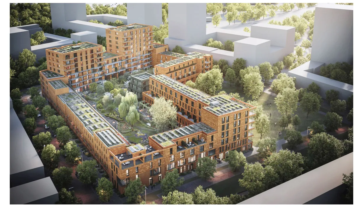 Artist's impression van nieuwbouw in de Afrikaanderwijk: bakstenen woonblokken rond een gezamenlijke binnentuin met bomen.