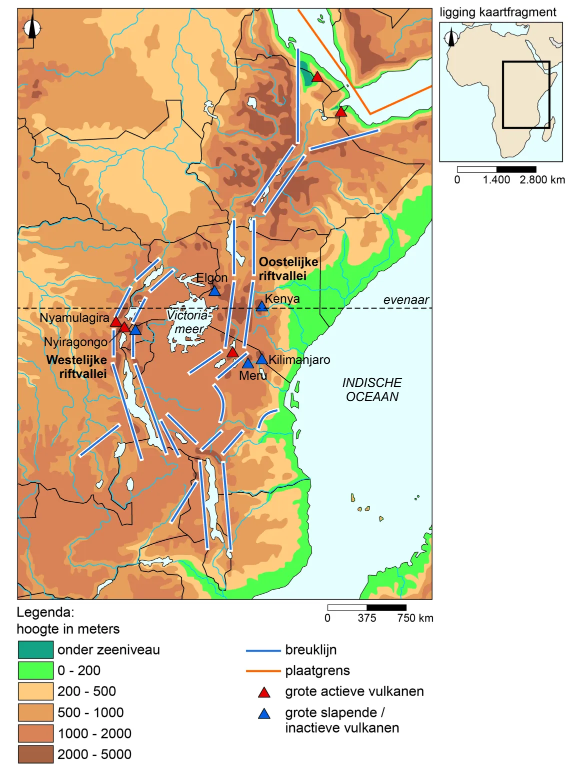 Reliëfkaart van oost-Afrika met de oostelijke en westelijke riftvallei, breuklijnen, plaatgrenzen en actieve en slapende vulkanen, waaronder de Nyiragongo.