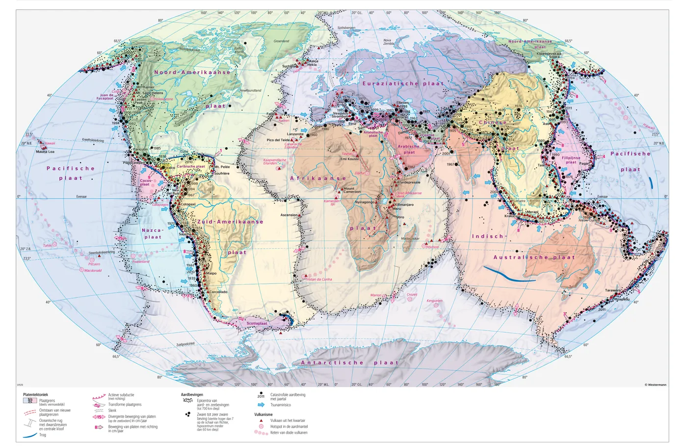 Wereldkaart met de plaatgrenzen en de platen van de aarde.