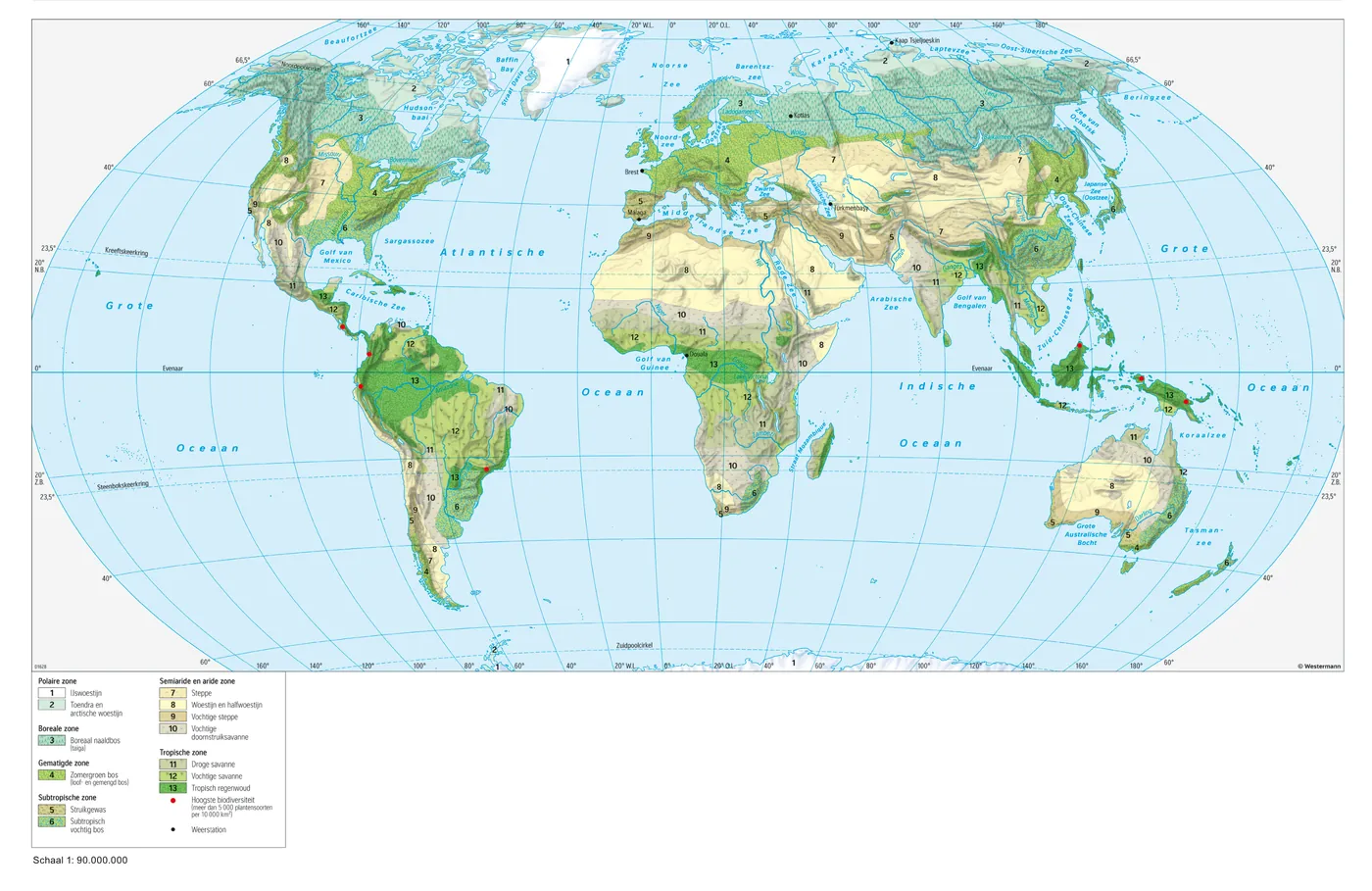 Wereldkaart met de landschapszones van de aarde, waaronder woestijn, steppe en tropisch regenwoud.