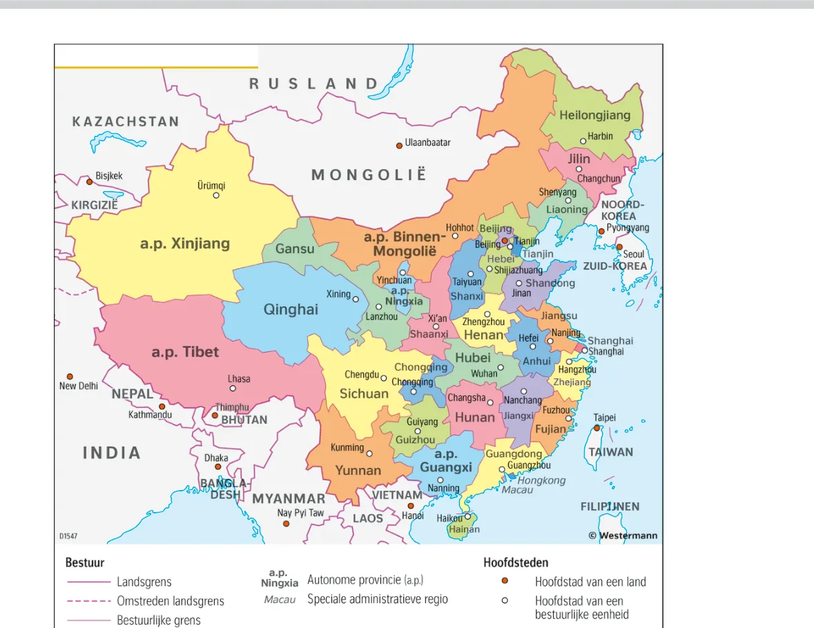 Bestuurlijke kaart van China met provincies, autonome gebieden en de namen van de provincies, waaronder Xinjiang, Tibet, Qinghai en Ningxia.