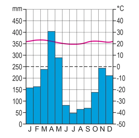Klimaatdiagram met staven voor de neerslag per maand (mm) en een lijn voor de temperatuur (°C). De temperatuur ligt het hele jaar rond 20 °C. De neerslag is het hoogst in april (ruim 400 mm) en in november, en het laagst in juni tot en met september.