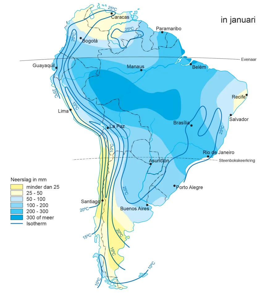 Kaart van Zuid-Amerika in januari met de neerslag in mm in zes klassen (van minder dan 25 tot 300 of meer) en isothermen. In januari valt veel neerslag in het Amazonegebied en het midden van Brazilië.
