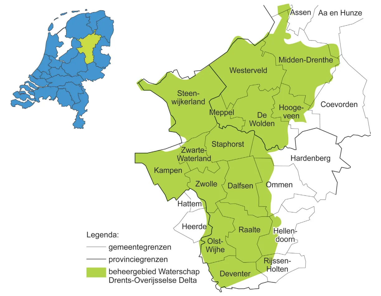 Kaart van het beheergebied van Waterschap Drents-Overijsselse Delta met gemeentegrenzen en provinciegrenzen, van Assen en Midden-Drenthe in het noorden tot Deventer in het zuiden, met onder meer Steenwijkerland, Meppel, Kampen, Zwolle, Dalfsen en Raalte. Een inzetkaart toont de ligging in Nederland.