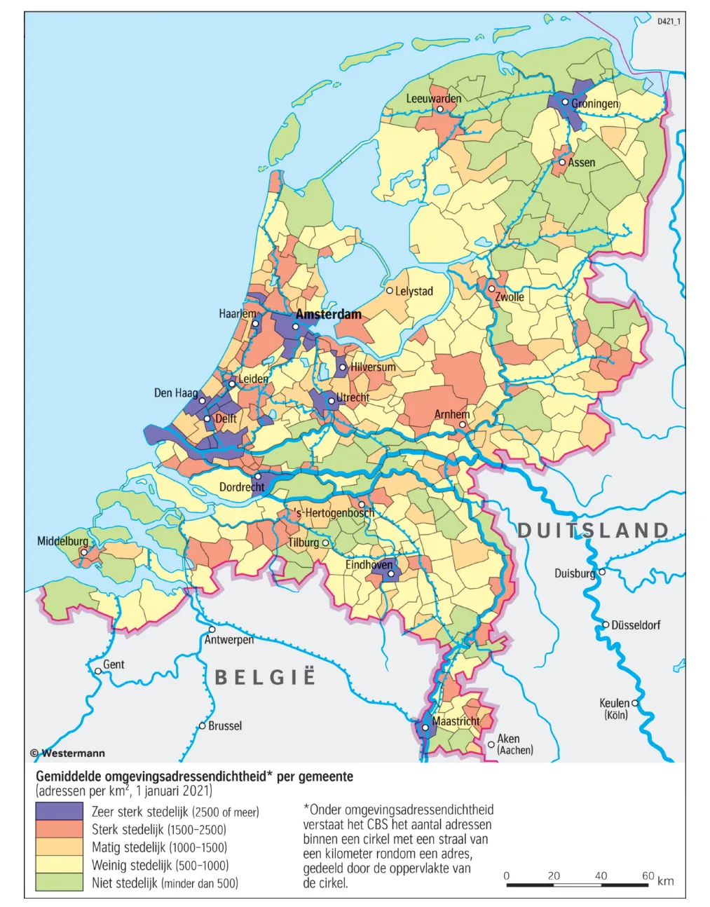 Kaart van Nederland met per gemeente de gemiddelde omgevingsadressendichtheid op 1 januari 2021 in vijf klassen, van zeer sterk stedelijk (2500 of meer adressen per km²) tot niet stedelijk (minder dan 500). De zeer sterk stedelijke gemeenten liggen vooral in de Randstad en rond de grote steden; de Waddeneilanden en grote delen van Noord- en Oost-Nederland zijn weinig of niet stedelijk.