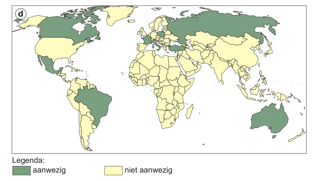 Wereldkaart d met per land of iets aanwezig of niet aanwezig is; aanwezig in onder meer Canada, Mexico, Brazilië, Rusland, Italië, Polen, Turkije en Australië.