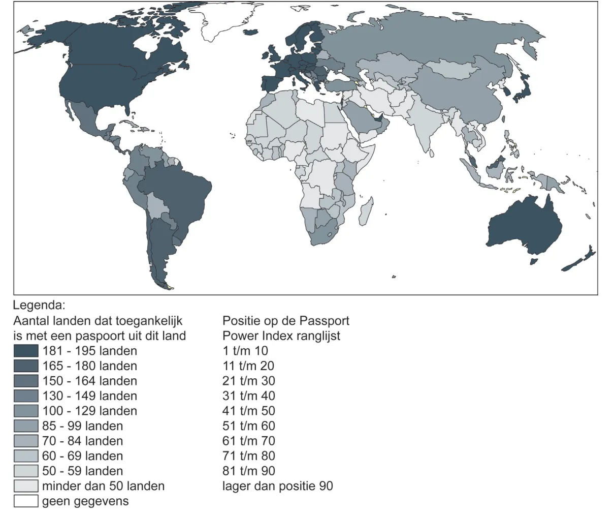 Wereldkaart in grijstinten met per land het aantal landen dat toegankelijk is met een paspoort uit dat land en de positie op de ranglijst. Noord-Amerika, Europa, Australië, Japan en een deel van Zuid-Amerika zijn het donkerst (hoge positie); Afrika en het Midden-Oosten zijn het lichtst.