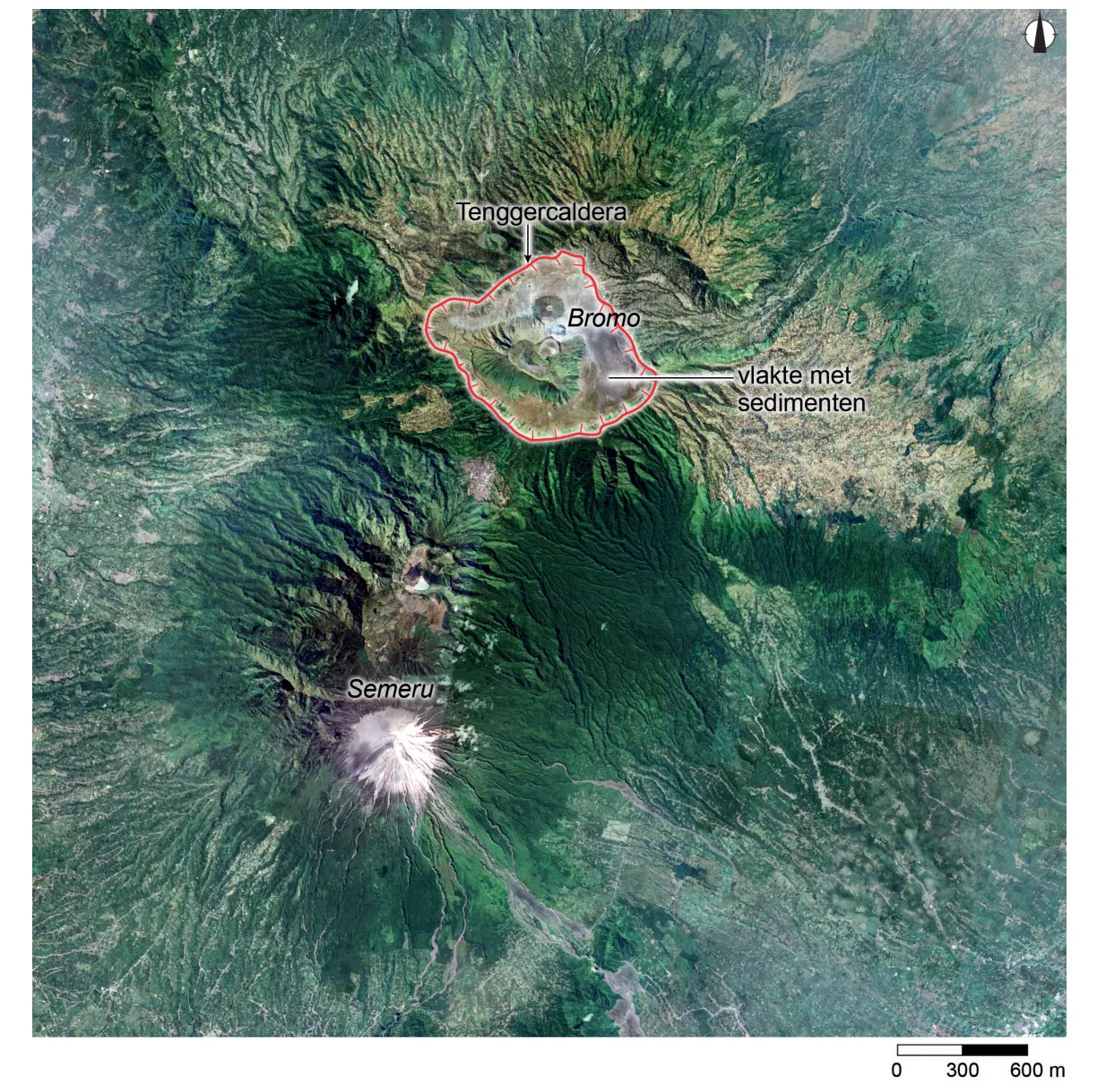 Satellietbeeld met een noordpijl naar boven. In het noorden ligt de omrande Tenggercaldera met de Bromo en een vlakte met sedimenten, in het zuidwesten de besneeuwde top van de Semeru. Schaalstok 0 tot 600 m.