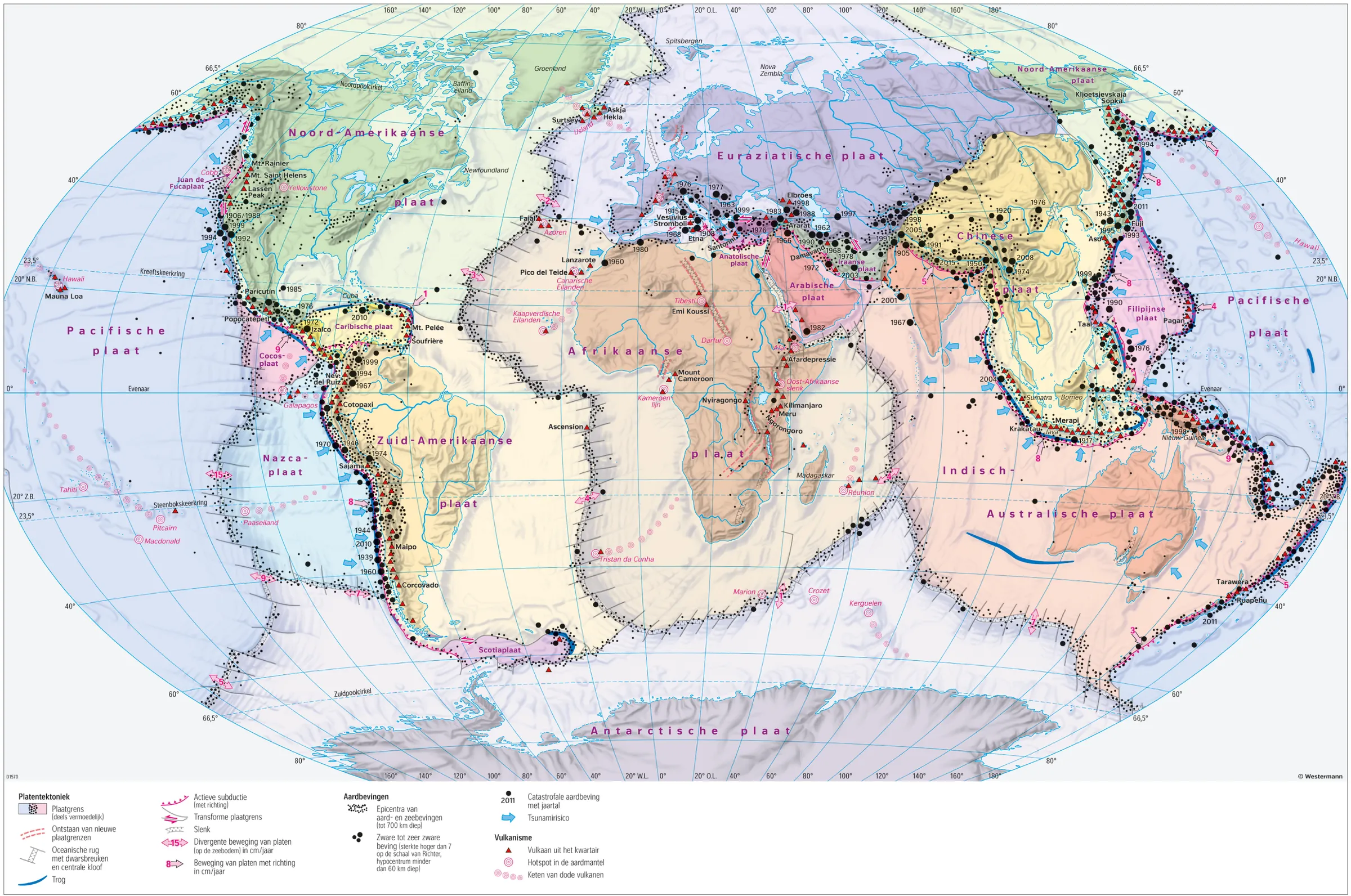Wereldkaart met de lithosfeerplaten en hun namen, plaatgrenzen, subductiezones, bewegingsrichtingen in cm per jaar, epicentra van aardbevingen en vulkanen..