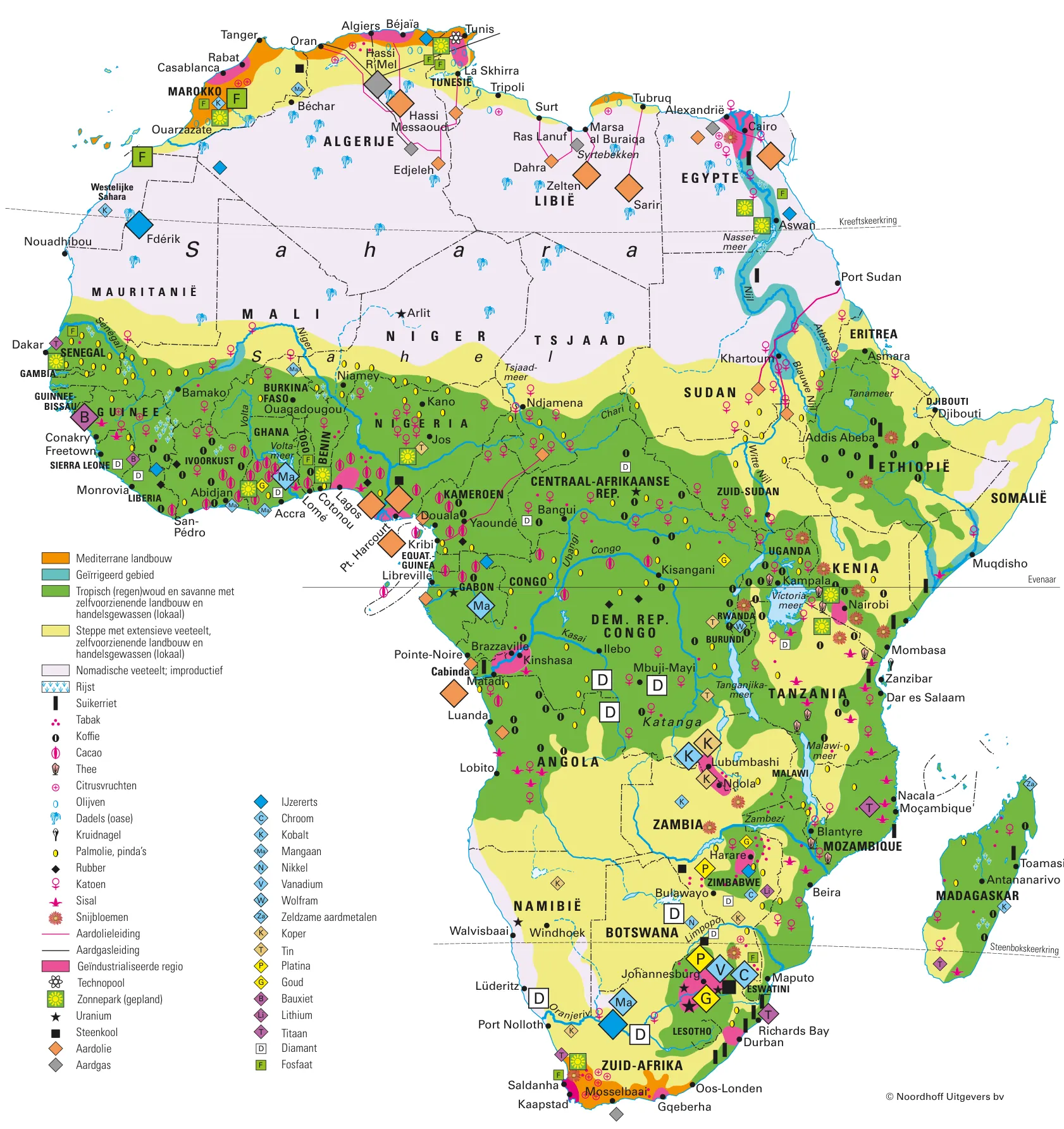Kaart van Afrika met het bodemgebruik in vlakken (onder meer mediterrane landbouw, tropisch (regen)woud en savanne met zelfvoorzienende landbouw en handelsgewassen, steppe met extensieve veeteelt, nomadische veeteelt) en symbolen voor gewassen, delfstoffen en industrie.