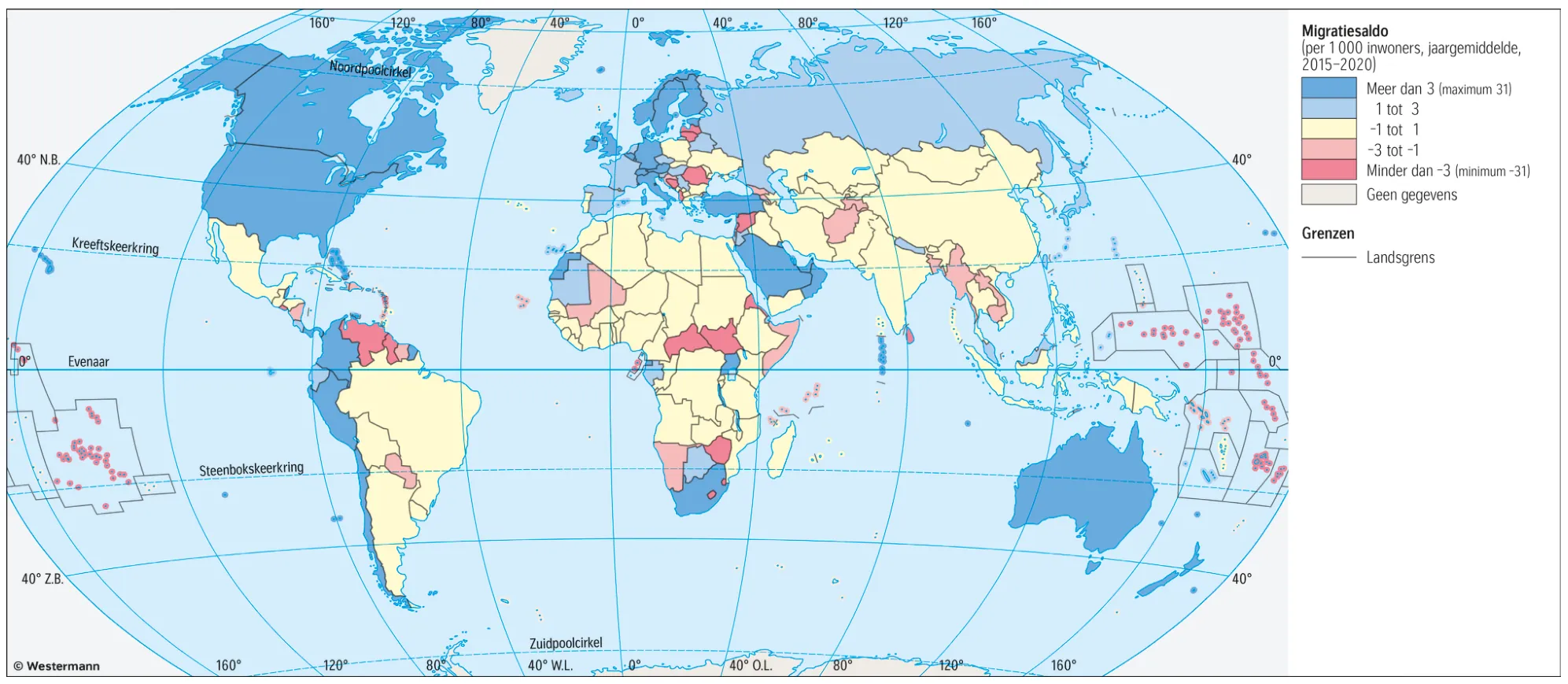 Wereldkaart met het migratiesaldo per 1000 inwoners (jaargemiddelde 2015-2020) in vijf klassen, van meer dan 3 tot minder dan -3. Onder meer Noord-Amerika, Australië, Saoedi-Arabië en veel Europese landen hebben een positief saldo.
