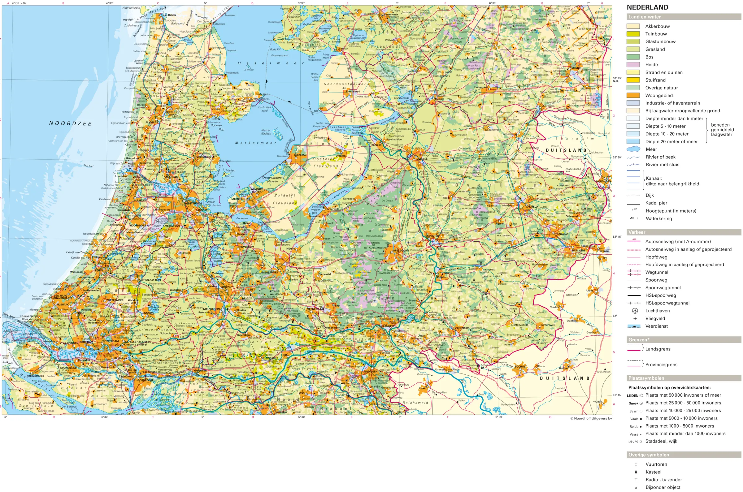Topografische kaart van Midden-Nederland met het grondgebruik in kleuren (onder meer akkerbouw, grasland, bos, woongebied en industrie- of haventerrein), plaatsen, wegen, spoorwegen, waterwegen en grenzen, met een legenda.