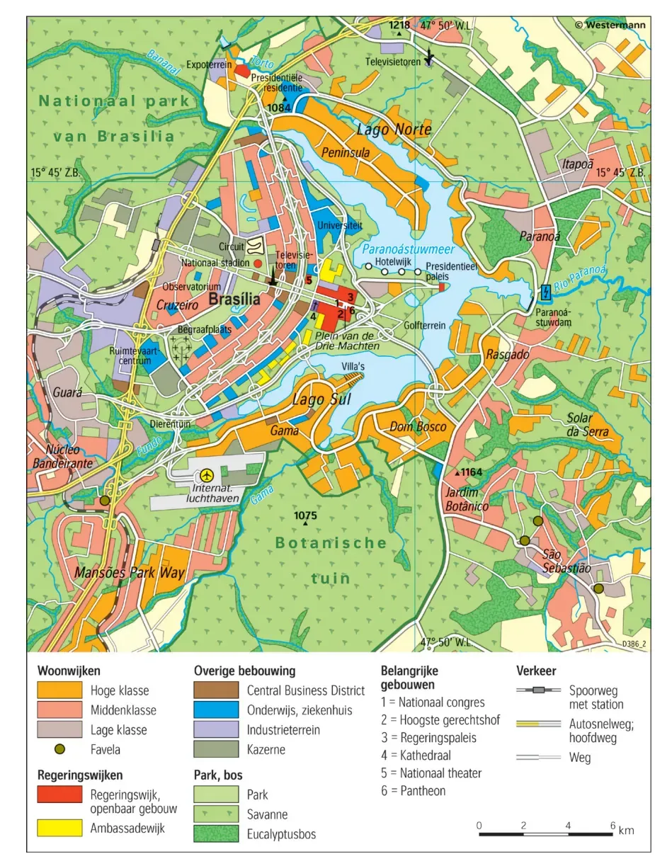 Kaart van het centrum van Brasília met woonwijken in kleur, de regeringswijken, belangrijke gebouwen en het meer Lago Paranoá.