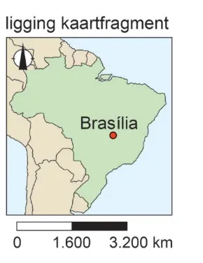 Kaartje van Zuid-Amerika met het gebied van Brasília in het midden van Brazilië, aangegeven met een rode stip.