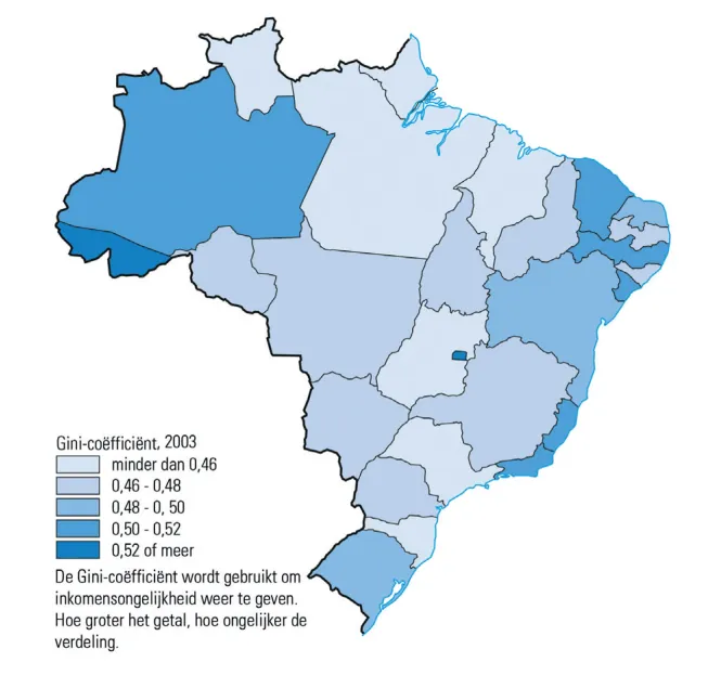 Kaart van Brazilië per deelstaat met de Gini-coëfficiënt in blauwe klassen, van lichtblauw tot donkerblauw (0,52 of meer).
