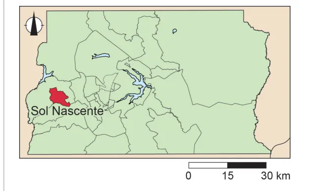 Kaartje van het Federaal District Brasília met de wijk Sol Nascente in het rood.