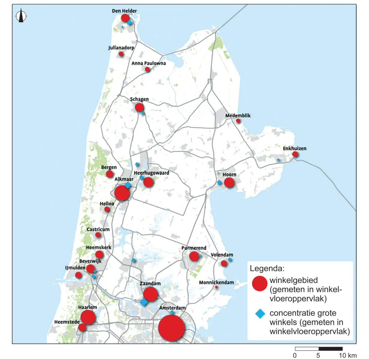 Kaart van Noord-Holland met winkelgebieden als rode cirkels en concentraties van grote winkels als blauwe ruitjes.