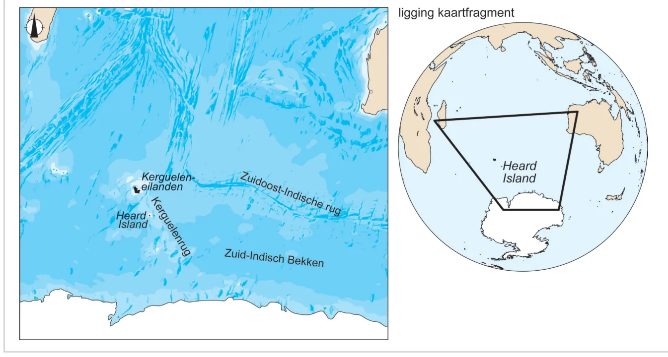 Kaartje van de Kerguelenrug en het gebied rond Heard Island, met een wereldbolkaart die de ligging van Heard Island bij Antarctica laat zien.