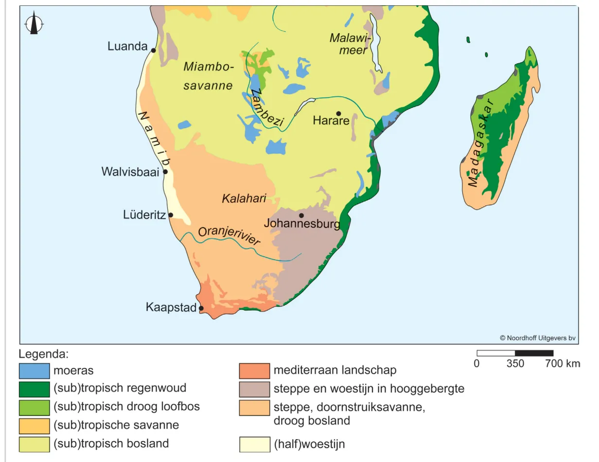 Kaart van zuidelijk Afrika met de vegetatiezones en de steden Walvisbaai, Lüderitz, Kaapstad, Johannesburg en Harare.