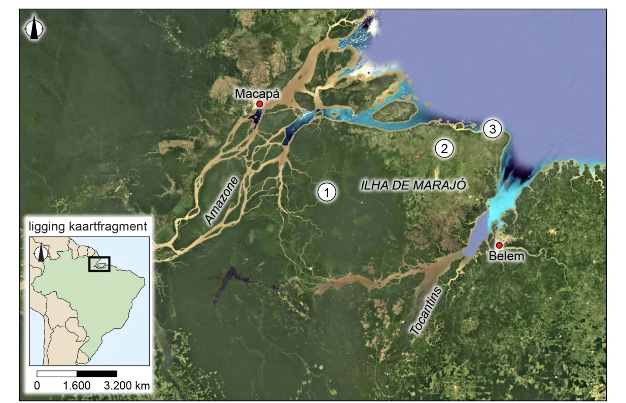 Satellietbeeld van de monding van de Amazone en de Tocantins met het eiland Ilha de Marajó. De locaties 1, 2 en 3 staan aangegeven, met Macapá en Belém gemarkeerd, en een inzetkaart met de ligging in Zuid-Amerika.