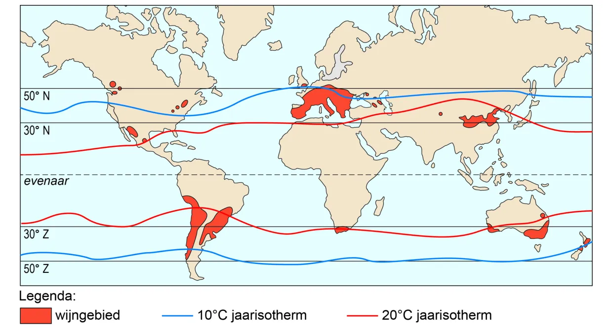 Wereldkaart met de wijngebieden in rood en de 10°C- en 20°C-jaarisothermen als blauwe en rode lijnen.