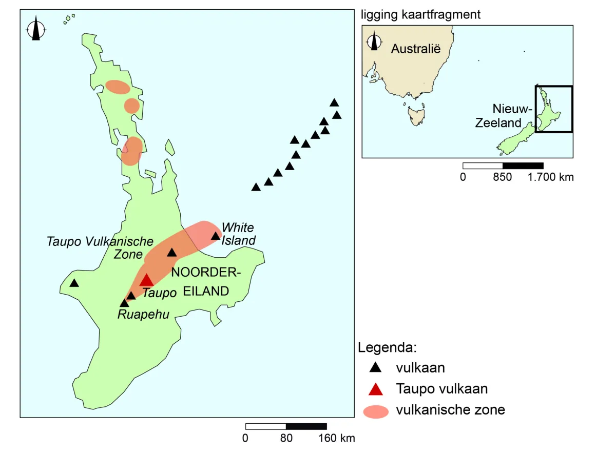 Kaart van het Noordereiland van Nieuw-Zeeland met de Taupo Vulkanische Zone als roze zone, de vulkanen en White Island, met een inzetkaart van Australië en Nieuw-Zeeland.