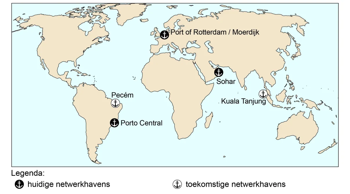 Wereldkaart met de huidige en toekomstige netwerkhavens van Havenbedrijf Rotterdam, waaronder Porto Central in Brazilië.