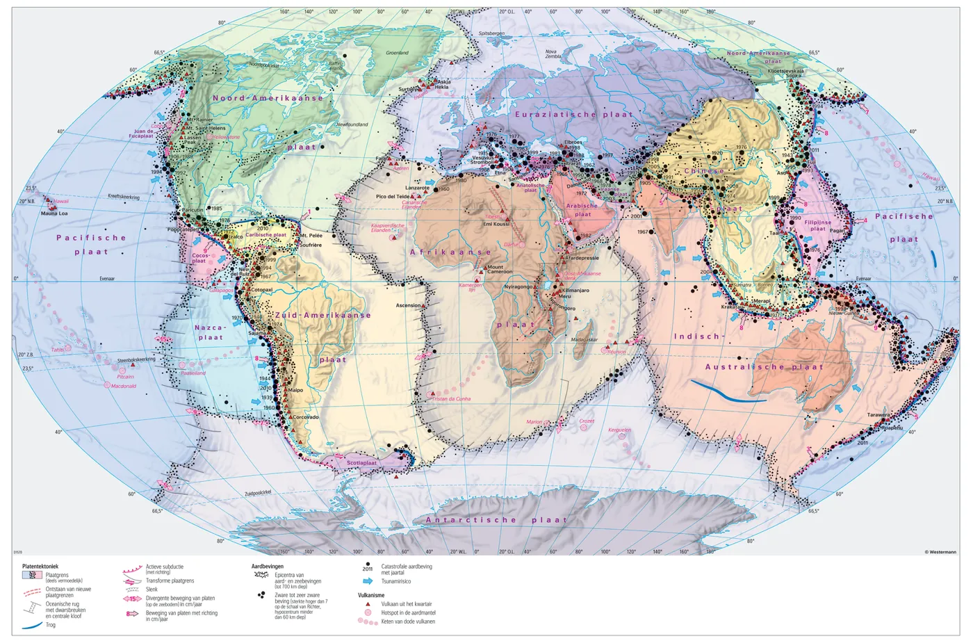 Wereldkaart met de platen en plaatgrenzen, actieve subductiezones, troggen, oceanische ruggen, de bewegingsrichting van de platen, aardbevingen en vulkanen.