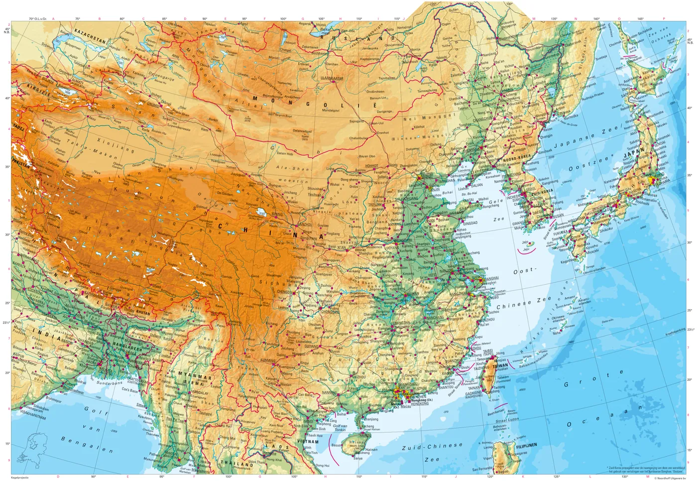 Kaart van Oost-Azië met het reliëf, de landsgrenzen en de steden, met onder meer China, Mongolië, Japan en Zuid-Korea.