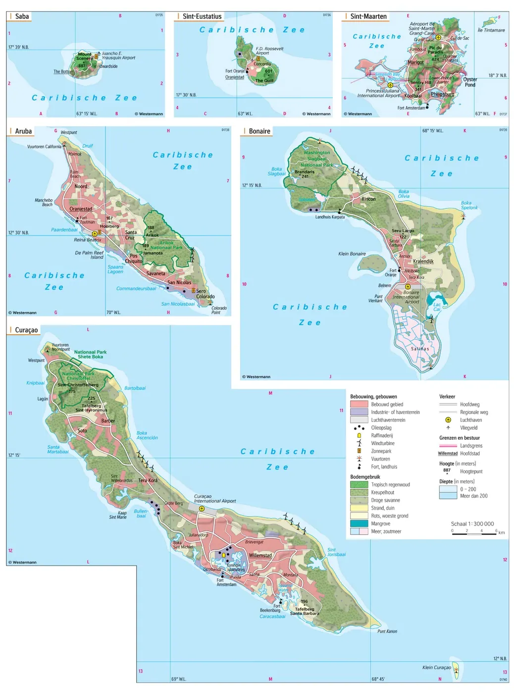 Kaart van de Caribische eilanden Saba, Sint Eustatius, Sint Maarten, Aruba, Curaçao en Bonaire, met bodemgebruik, bebouwing en plaatsen.