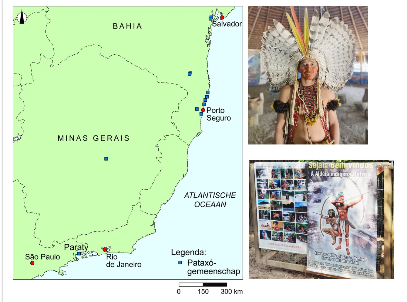 Kaart van Bahia, Minas Gerais en de kust met de Pataxó-gemeenschappen, met daarnaast een foto van een man met hoofdtooi en een affiche van het dorp.