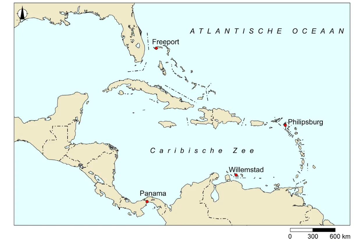 Kaart van het Caribisch gebied met Freeport, Philipsburg, Willemstad en Panama.