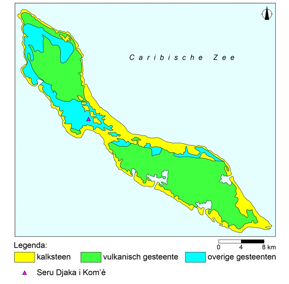 Kaart van Curaçao met de verdeling van kalksteen, vulkanisch gesteente en overige gesteenten.
