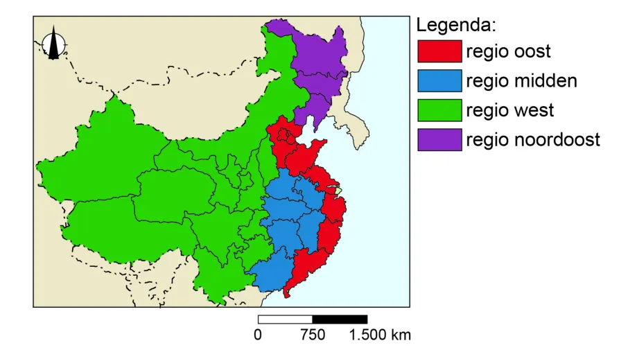 Kaart van China met de vier regio's oost, midden, west en noordoost.