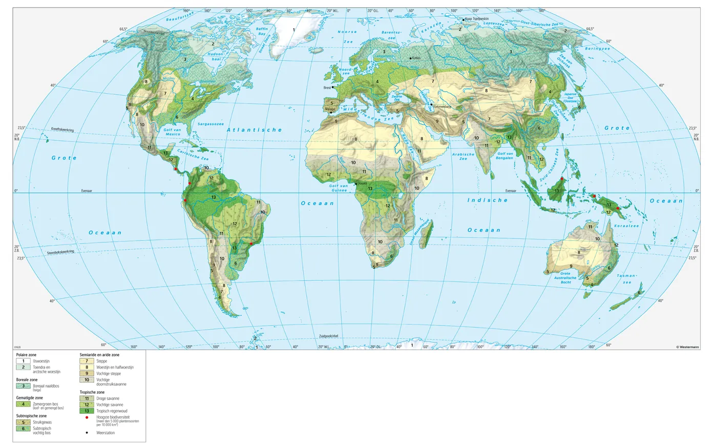 Wereldkaart met de landschapszones, zoals ijswoestijn, woestijn, steppe, bossen en regenwoud.