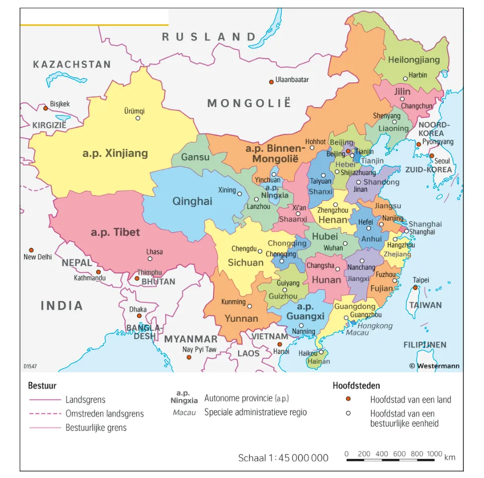 Kaart van China met de provincies en autonome gebieden.