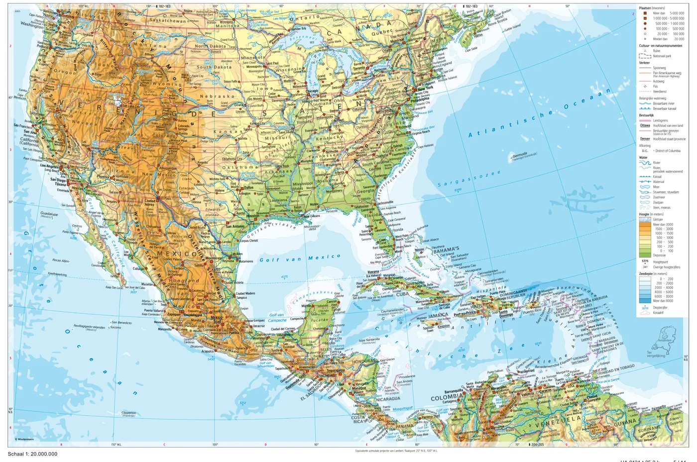 Kaart van Noord-Amerika en Midden-Amerika met het Caribisch gebied.