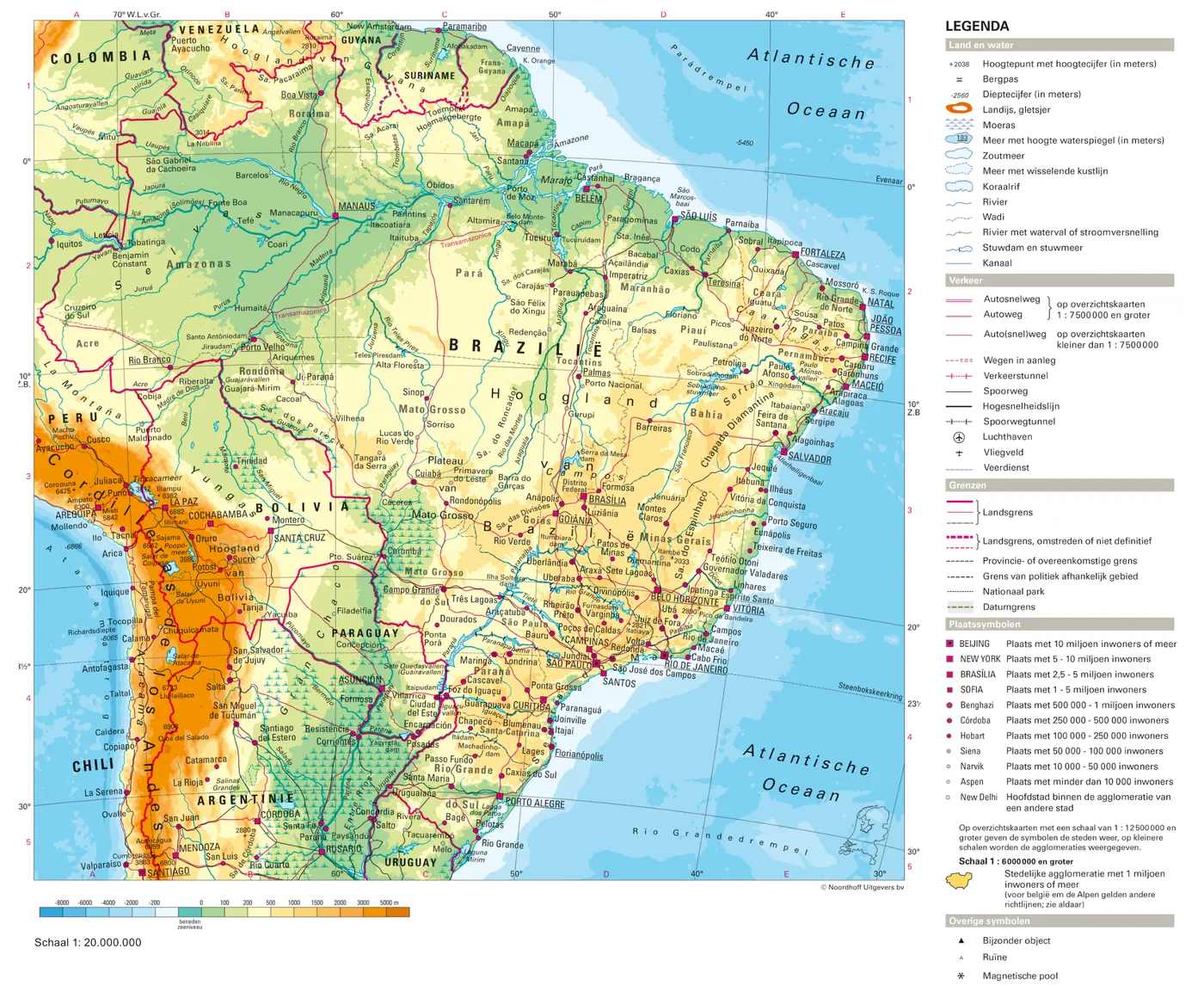 Kaart van Brazilië met steden, rivieren, het hoogteverschil en de Amazone.