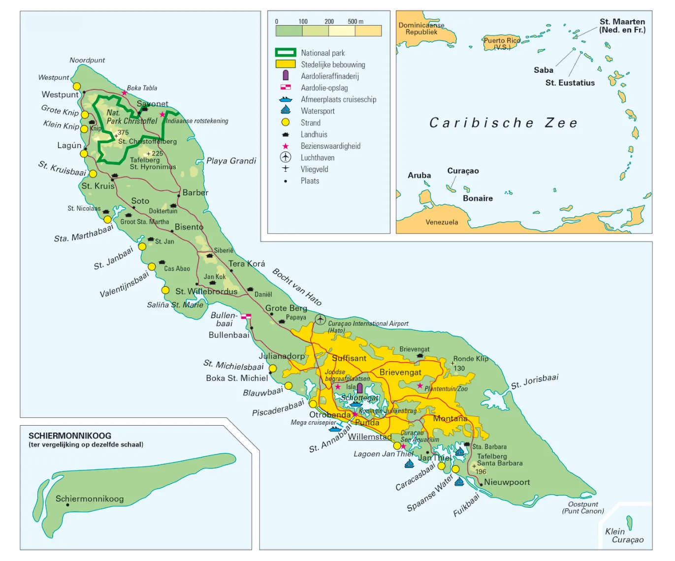 Kaart van Curaçao met de ligging van plaatsen, stranden en het nationaal park.
