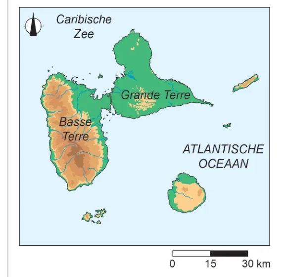 Hoogtekaart van Guadeloupe met de Caribische Zee in het noordwesten en de Atlantische Oceaan in het oosten. Basse Terre in het westen is bergachtig; Grande Terre in het oosten is laag en vlak. Schaalstok 0, 15, 30 km.