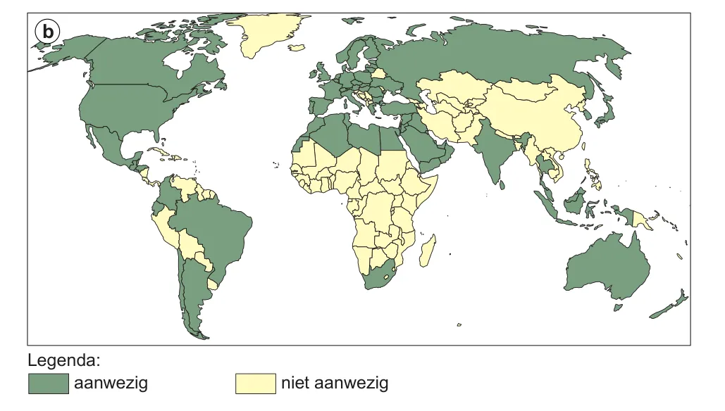 Wereldkaart b met de legenda aanwezig en niet aanwezig. Een groot deel van Amerika, Europa, Noord-Afrika, het Midden-Oosten, India, Zuidoost-Azië, Zuid-Afrika en Australië is aanwezig.