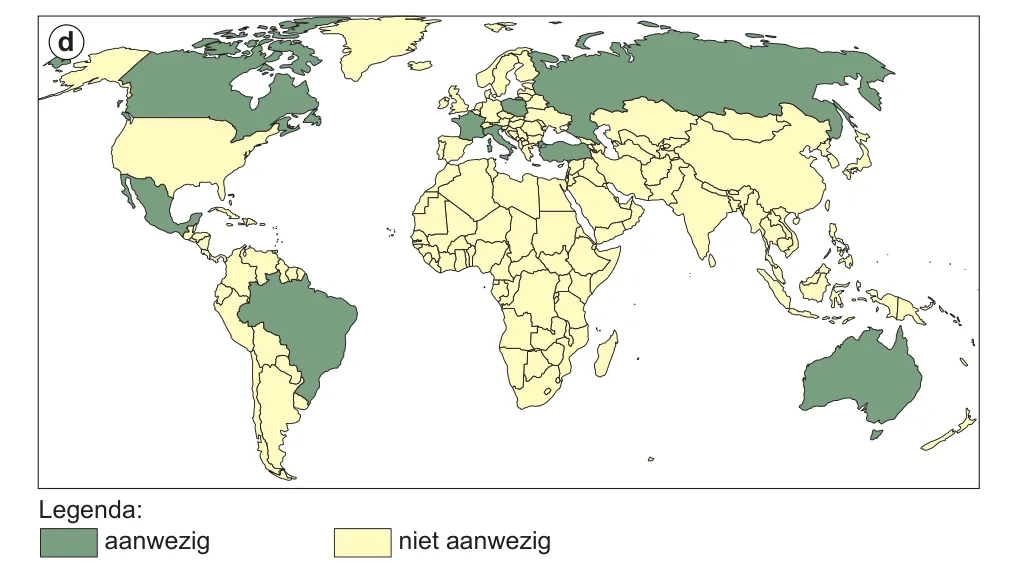 Wereldkaart d met de legenda aanwezig en niet aanwezig. Aanwezig zijn onder andere Canada, Mexico, Brazilië, een aantal Europese landen, Turkije, Rusland en Australië.