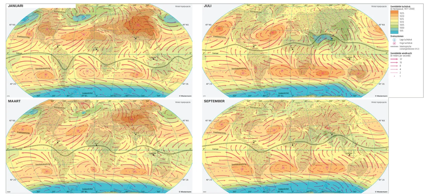Vier wereldkaarten (januari, maart, juli, september) met de gemiddelde luchtdruk, hoge- en lagedrukgebieden, de gemiddelde windrichting en windkracht en de ligging van de intertropische convergentiezone (ITCZ).
