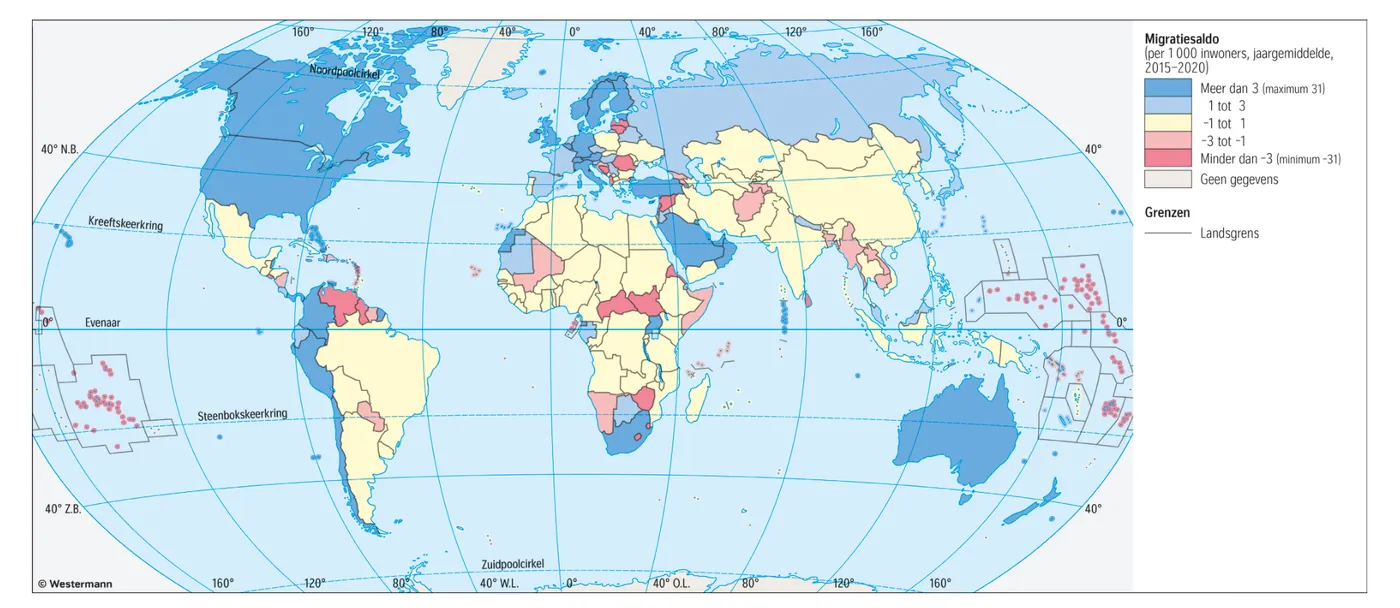 Wereldkaart met het migratiesaldo per 1000 inwoners (jaargemiddelde 2015-2020), in klassen van meer dan 3 tot minder dan -3, en geen gegevens.