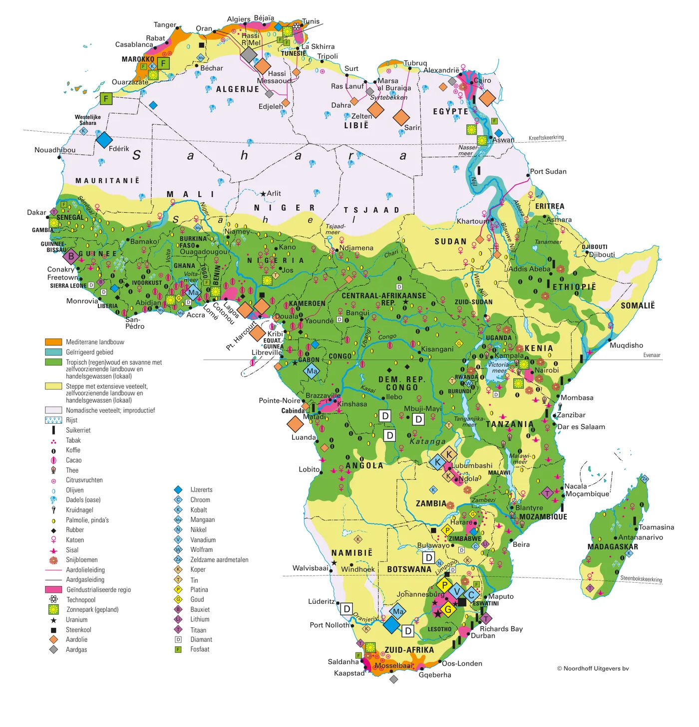 Kaart van Afrika met het bodemgebruik (onder andere mediterrane landbouw, geïrrigeerd gebied, tropisch (regen)woud en savanne met zelfvoorzienende landbouw, steppe met extensieve veeteelt, nomadische veeteelt) en symbolen voor landbouwproducten en delfstoffen.
