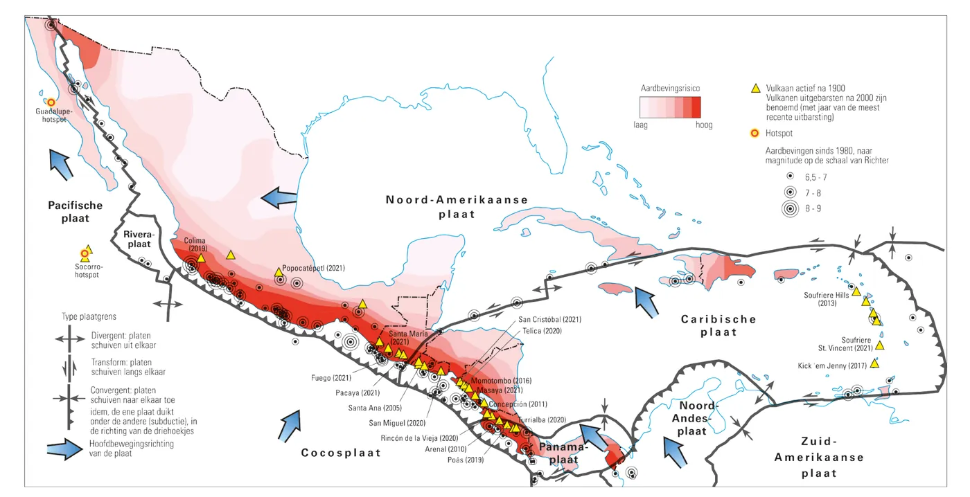 Kaart van Midden-Amerika en het Caribisch gebied met de platen (onder andere Noord-Amerikaanse, Caribische, Cocos-, Noord-Andes- en Zuid-Amerikaanse plaat), het type plaatgrens, de hoofdbewegingsrichting van de platen, aardbevingsrisico, aardbevingen en actieve vulkanen.