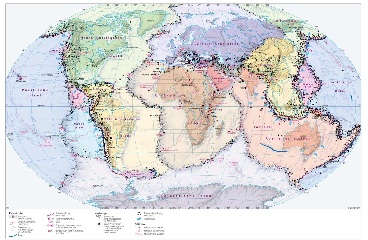 Wereldkaart met de platen en plaatgrenzen, actieve subductie, troggen, oceanische ruggen, de bewegingsrichting van de platen, epicentra van aardbevingen en vulkanen.