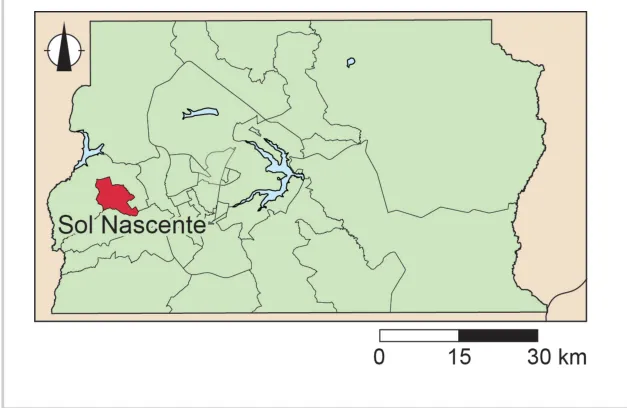 Kaartje van het Federaal District Brasília met de bestuurlijke indeling; Sol Nascente is rood gekleurd in het westen van het district. Schaalbalk 0 - 15 - 30 km.